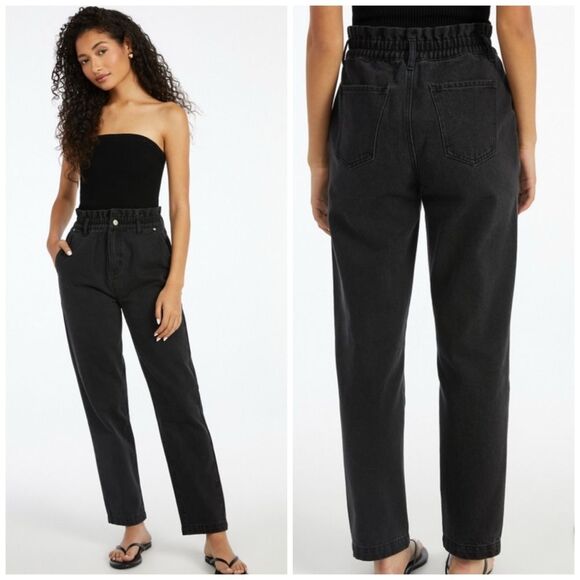 JustFab High Rise Paperbag Waist Jeans Black Tapered Mom Fit Size 31 - Picture 1 of 8